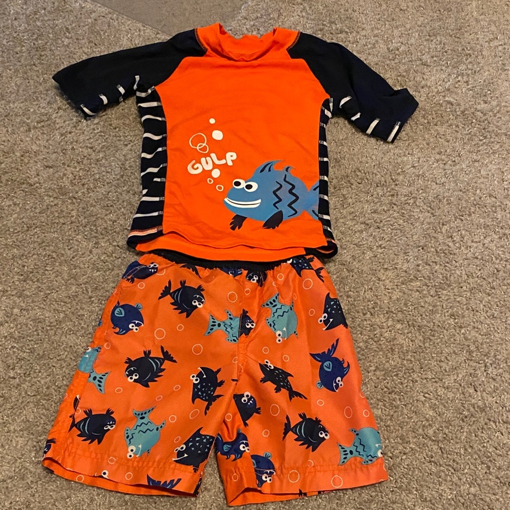 Orange and Navy Fish Swim Suit Set size 3T with mesh lining